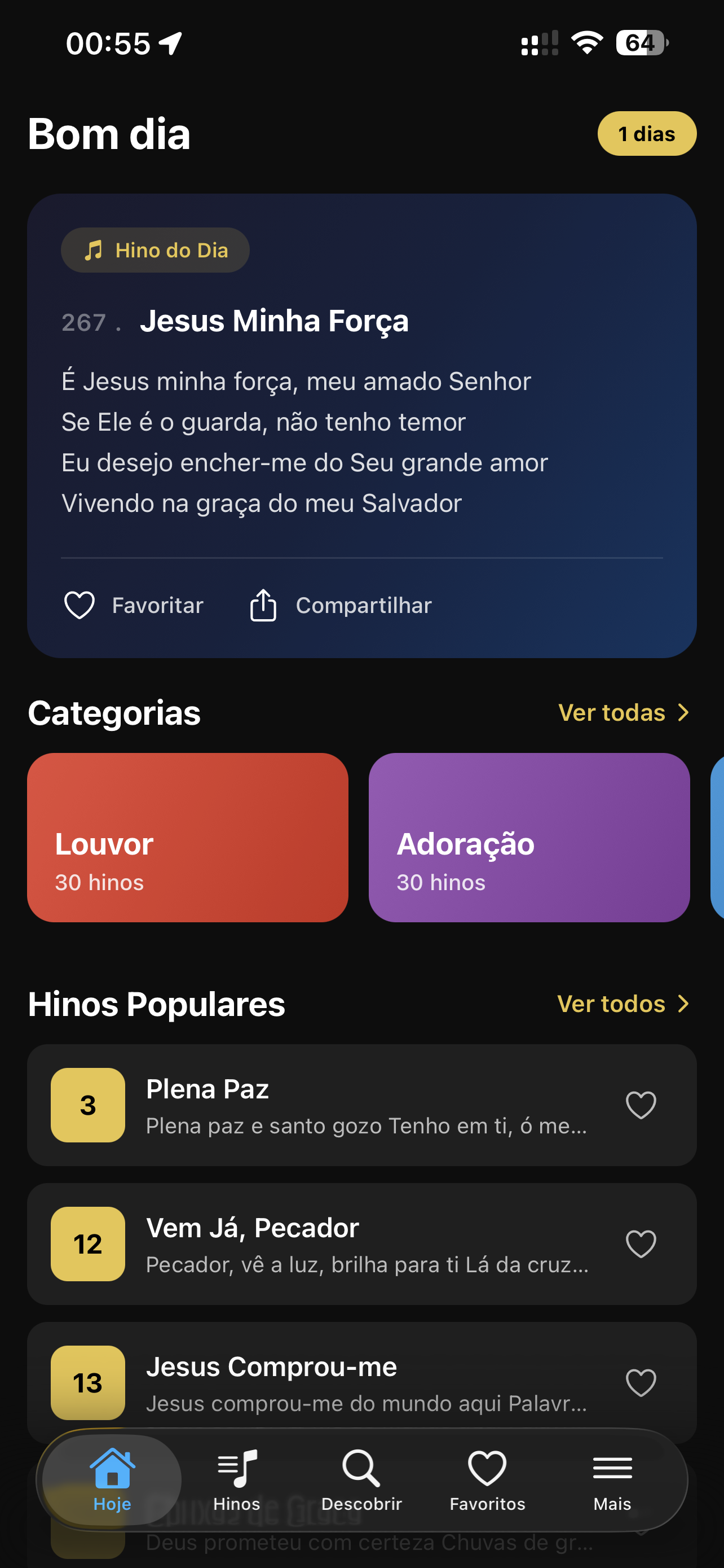 Tela inicial do app Harpa Cristã mostrando o Hino do Dia