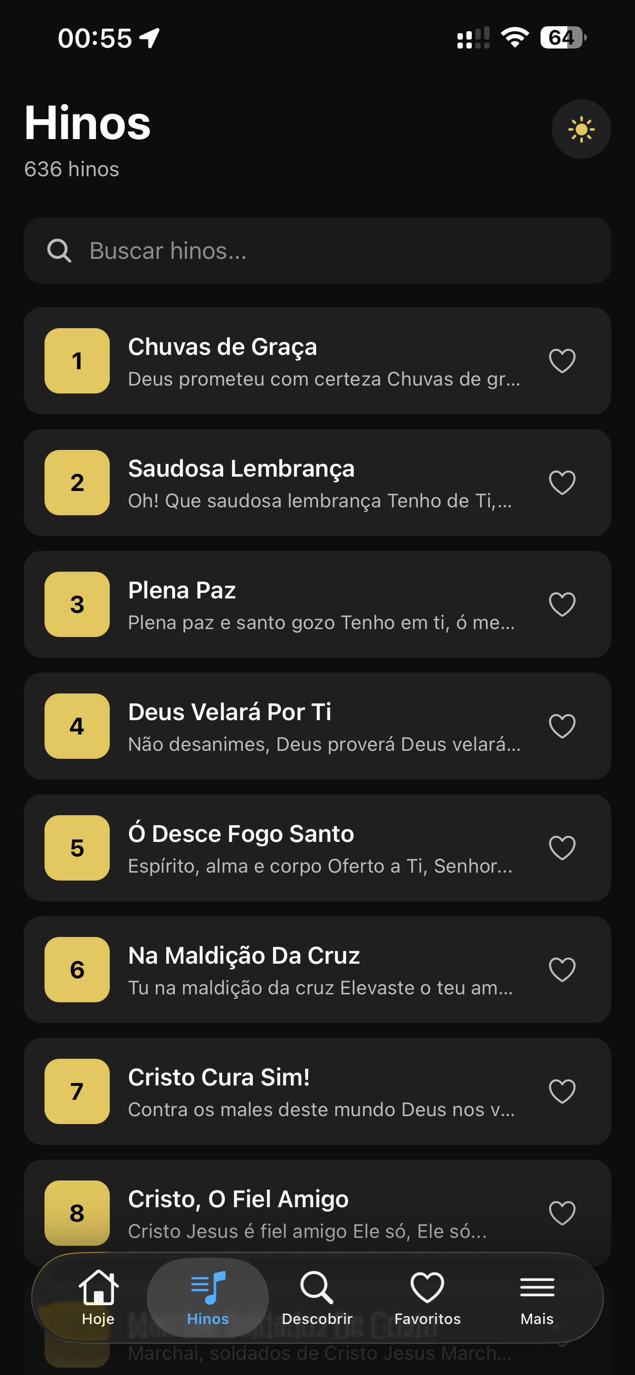 Tela de Hinos mostrando a lista completa com busca