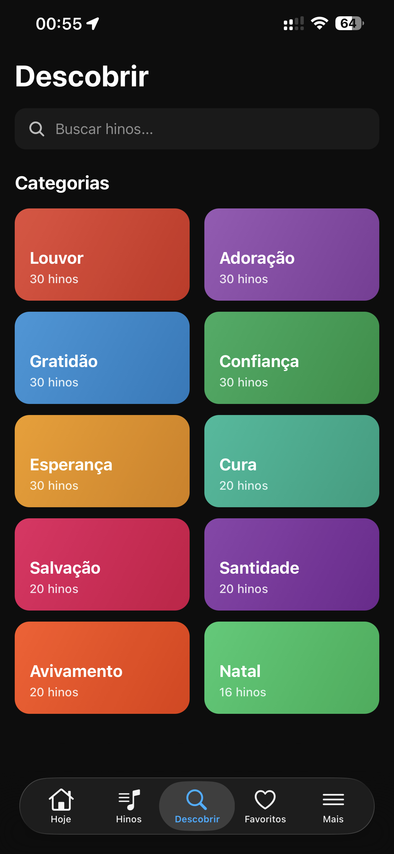 Tela Descobrir mostrando categorias coloridas de hinos