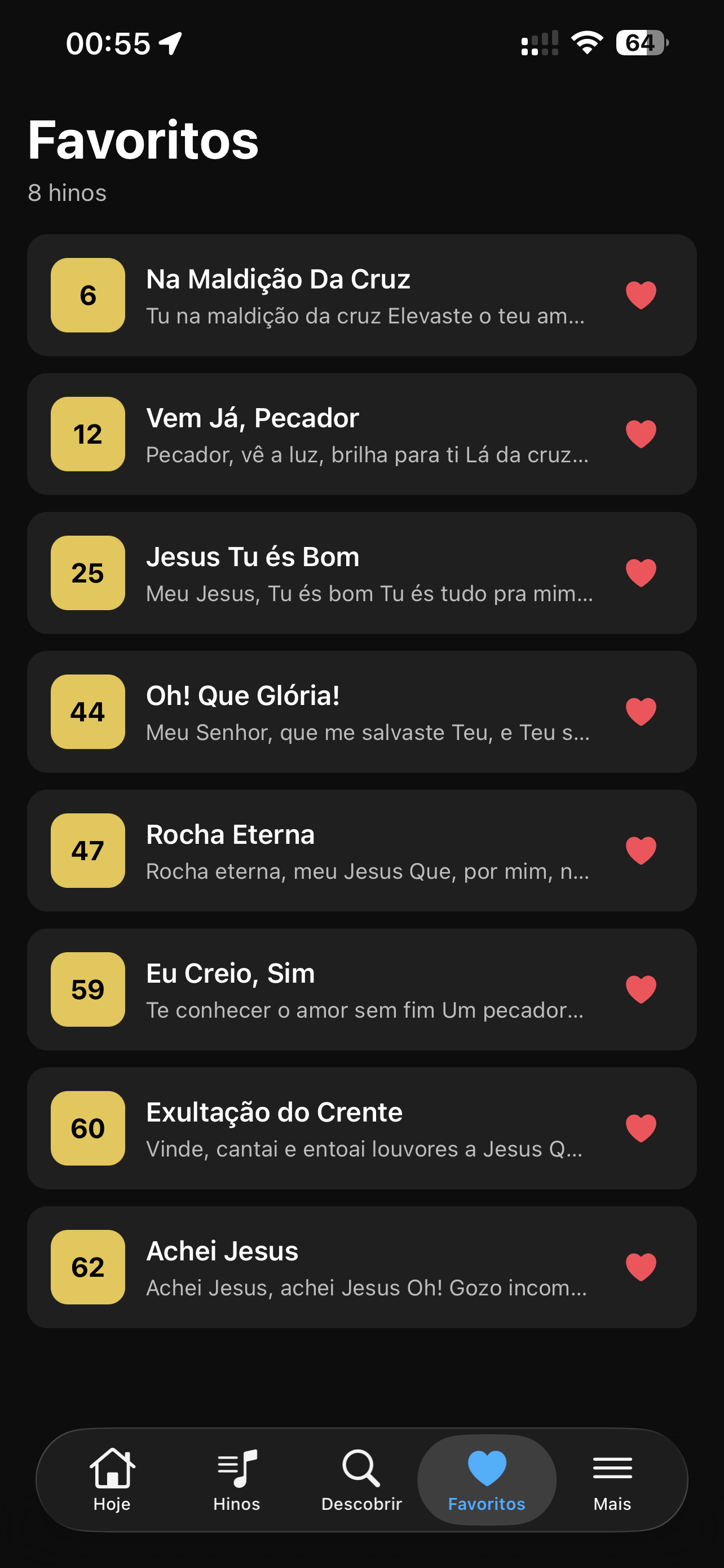 Tela de Favoritos com lista de hinos salvos