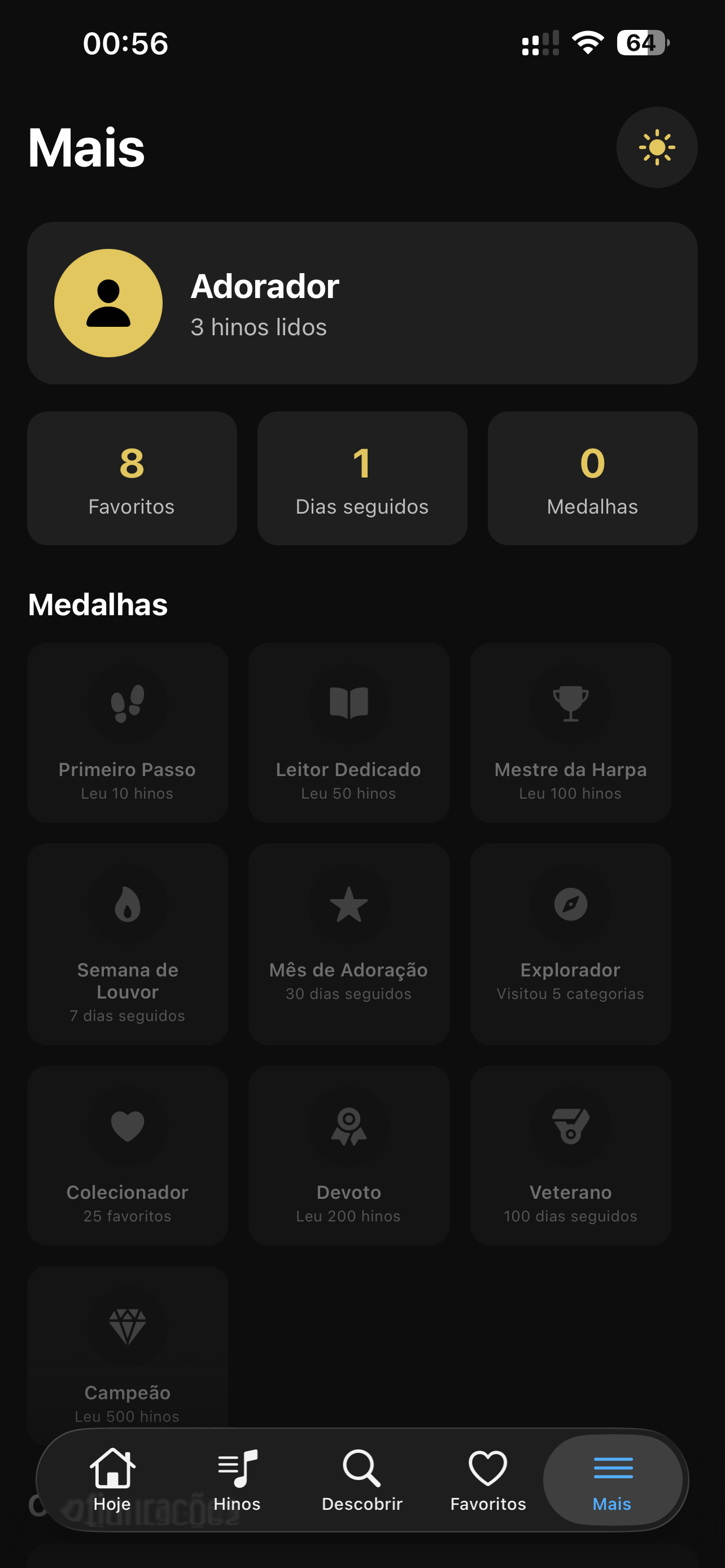 Tela de Medalhas e Conquistas do perfil do usuário